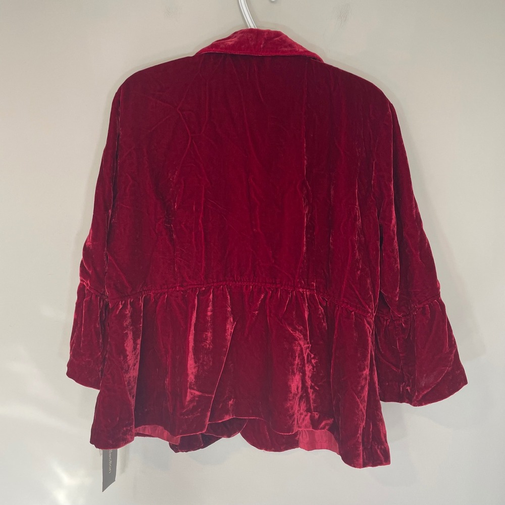NY Collection Red Crushed Velvet Blazer Ruffle Bell Sleeve‎ Peplum Jacket XL NEW - Picture 6 of 6